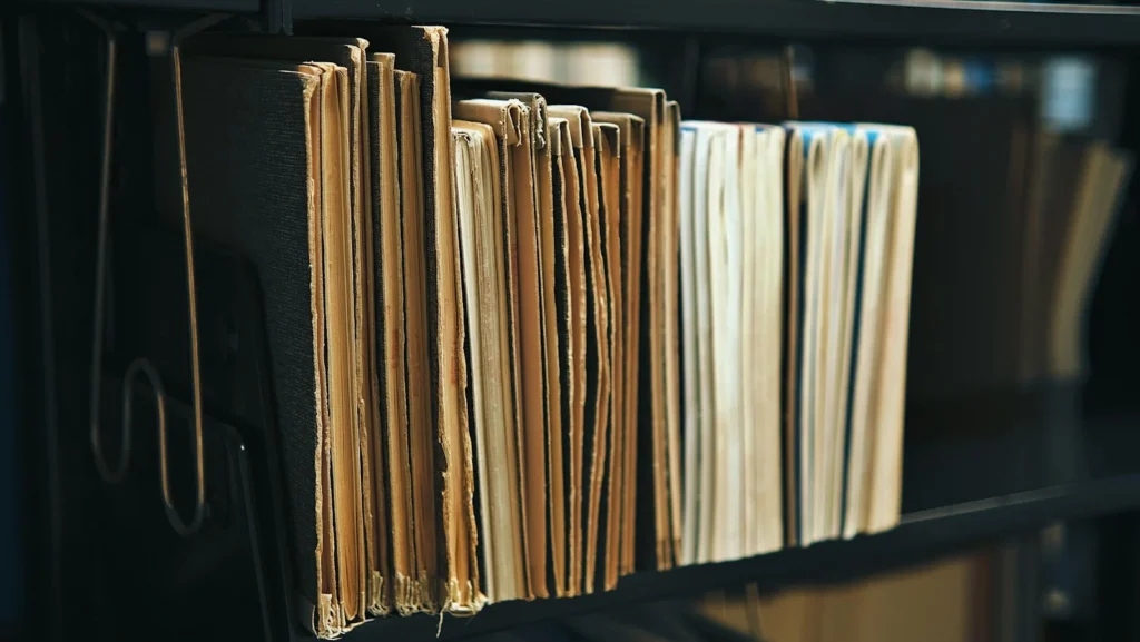 Documentos antigos em estante de arquivo