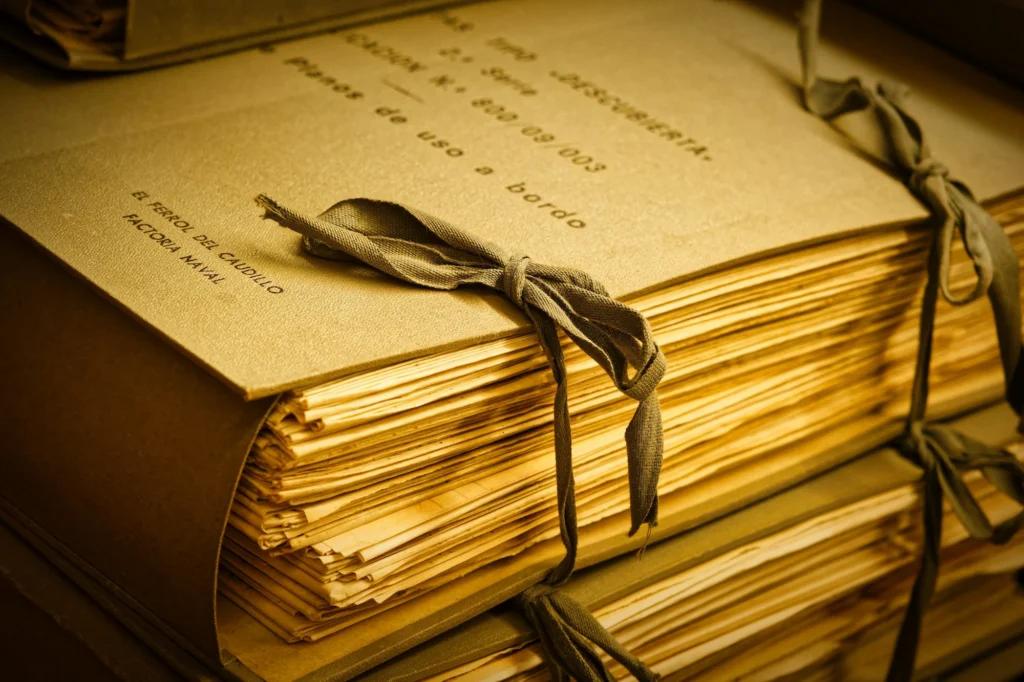 Pilha de documentos antigos amarrados com fita em arquivo